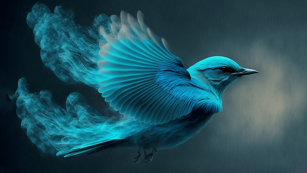 blue bird flying in the air with smoke coming out of its wings