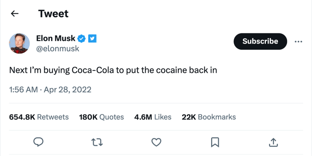 Elon Musk's Coca-Cola tweet - Twitter screenshot