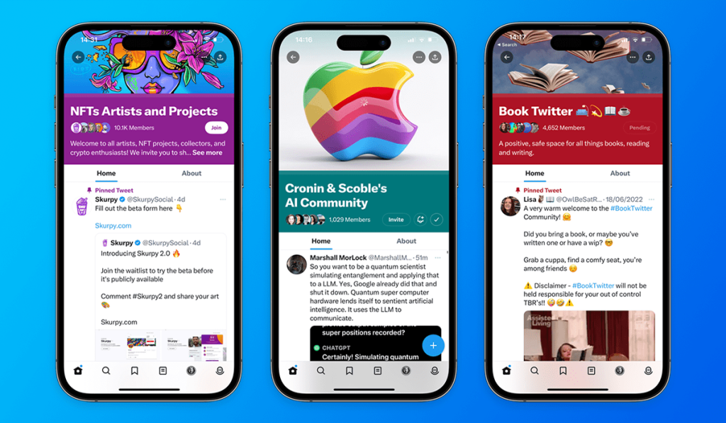 Twitter Communities: examples shown on an iPhone screen