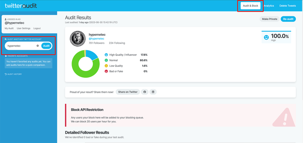 Screen capture of TwitterAudit's 'Audit' page interface