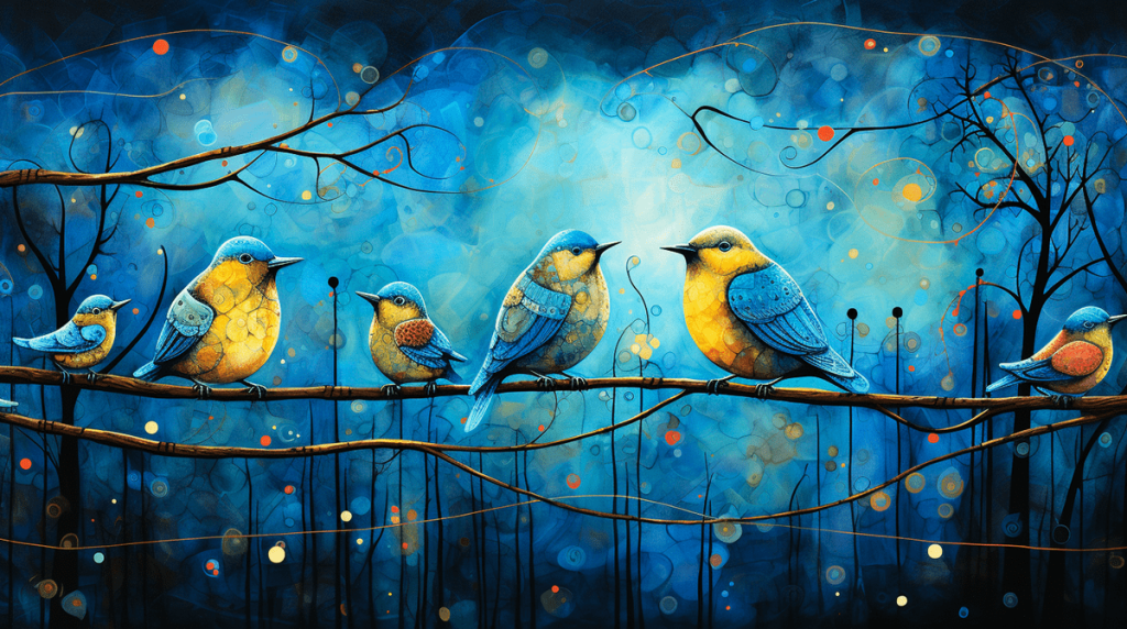 a painting of birds sitting on a tree branch