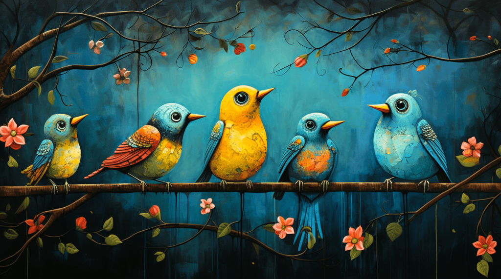 a painting of birds sitting on a branch