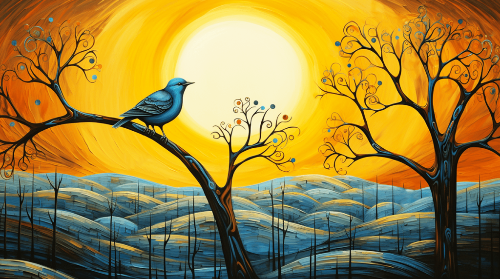 Naive art image of a Twitter Bird looking off into the sunset