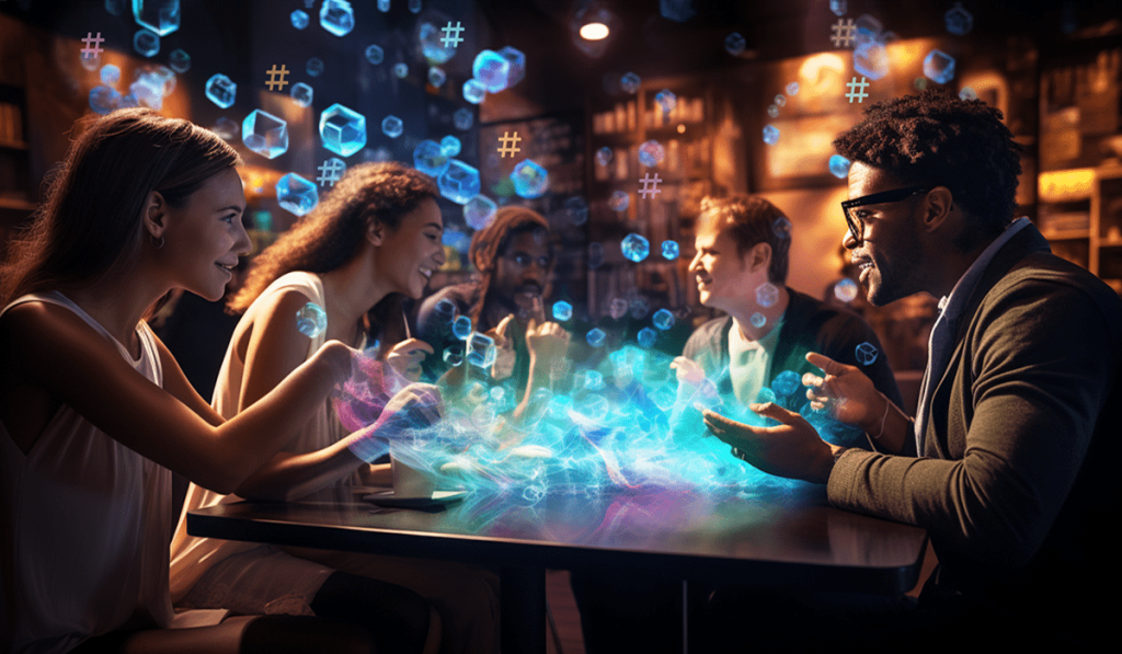 Cinematic image of a group of people engaged in animated interactions online. Shown as avatars at a virtual table with thought bubbles and hashtags swirling above them.